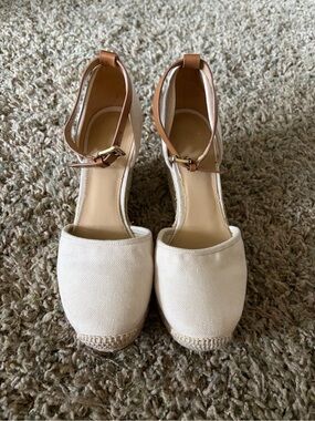 MICHAEL Michael Kors Cream Canvas Espadrille Wedges with Tan Ankle Straps
